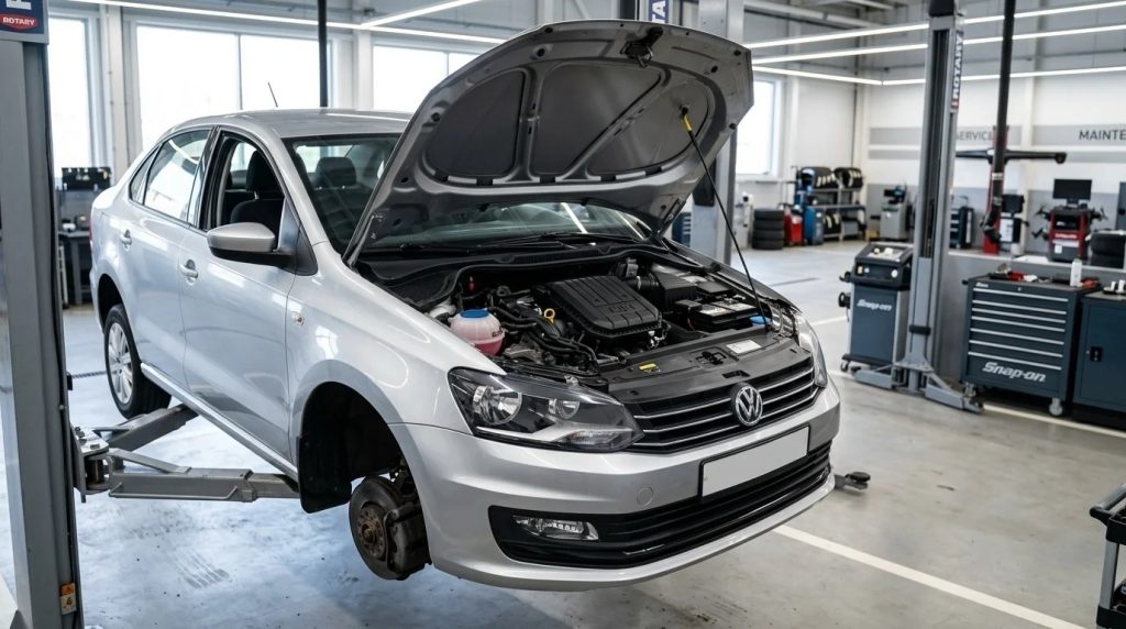 Volkswagen Polo Sedan на подъёмнике в автосервисе — обзор двигателей CFNA и CWVA