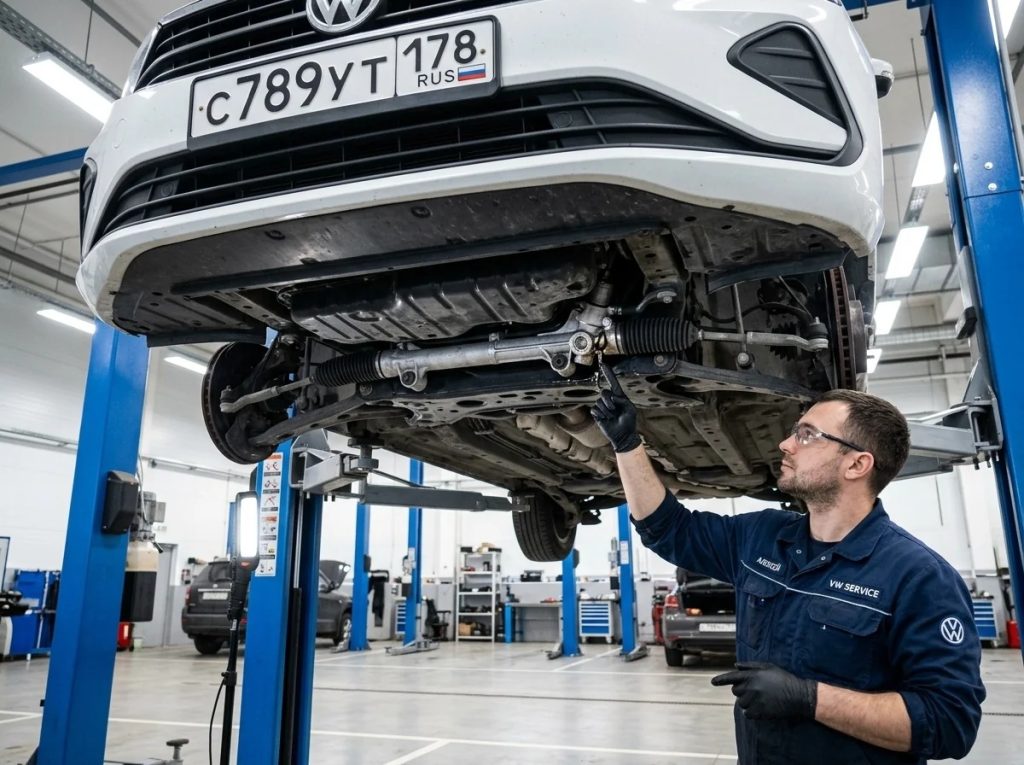 Ремонт рулевой рейки Volkswagen Polo Sedan в автосервисе — вид снизу, мастер указывает на рейку